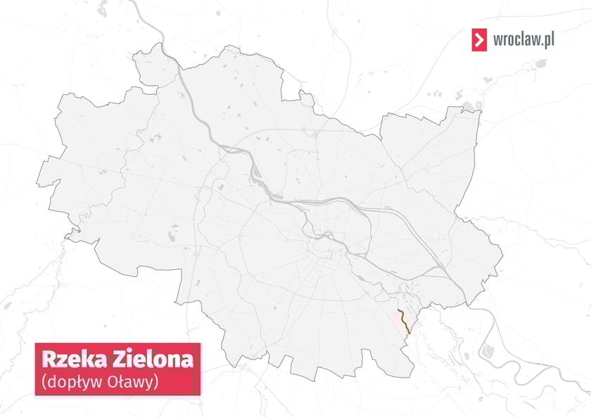 Mapa Wrocławia z zaznaczonym przebiegiem rzeki Zielona