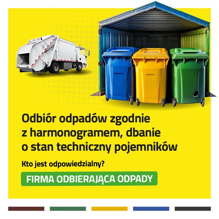 <p>Infografika przedstawia wiatę śmietnikową oraz śmieciarkę. Zawiera napis "Odbi&oacute;r odpad&oacute;w zgodnie z harmonogramem, dbanie o stan techniczny pojemnik&oacute;w. Kto jest odpowiedzialny? Firma odbierająca odpady."&nbsp;</p>