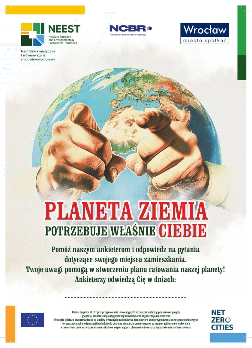 Plakat informujący mieszkańców zachęcający mieszkańców do włączenia się w ankietyzację.