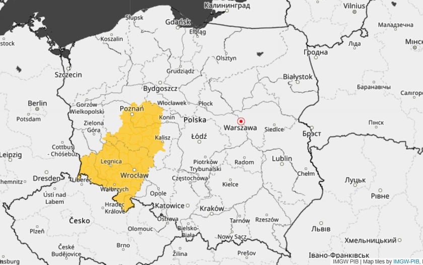 Mapa Polski z zaznaczonym na pomarańczowo obszarem Dolnego Śląska, na którym obowiązuje ostrzeżenie IMGW