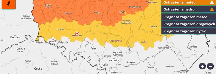 Mapa z ostrzeżeniem przed burzami m.in. we Wrocławiu i regionie