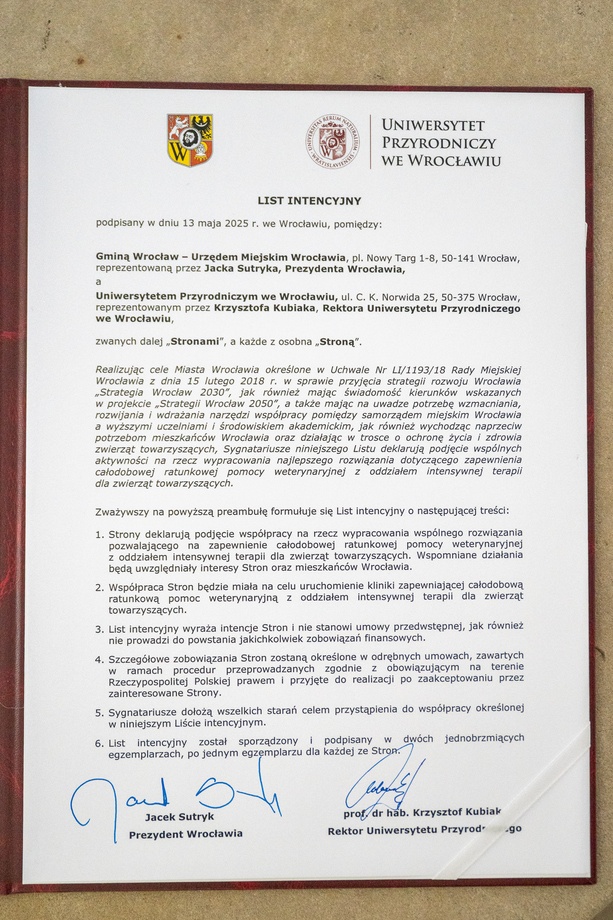 We Wrocławiu powstanie SOR dla zwierząt z oddziałem intensywnej terapii, podpisanie porozumienia - 13.05.2025