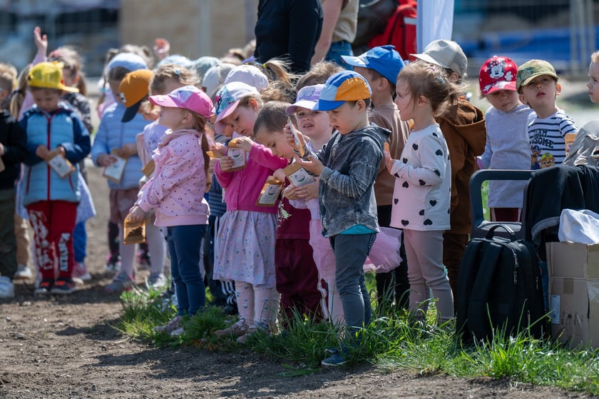 Dzieciaki z pobliskiego przedszkola sieją łąkę kwietną na skwerze Hansa Scharouna