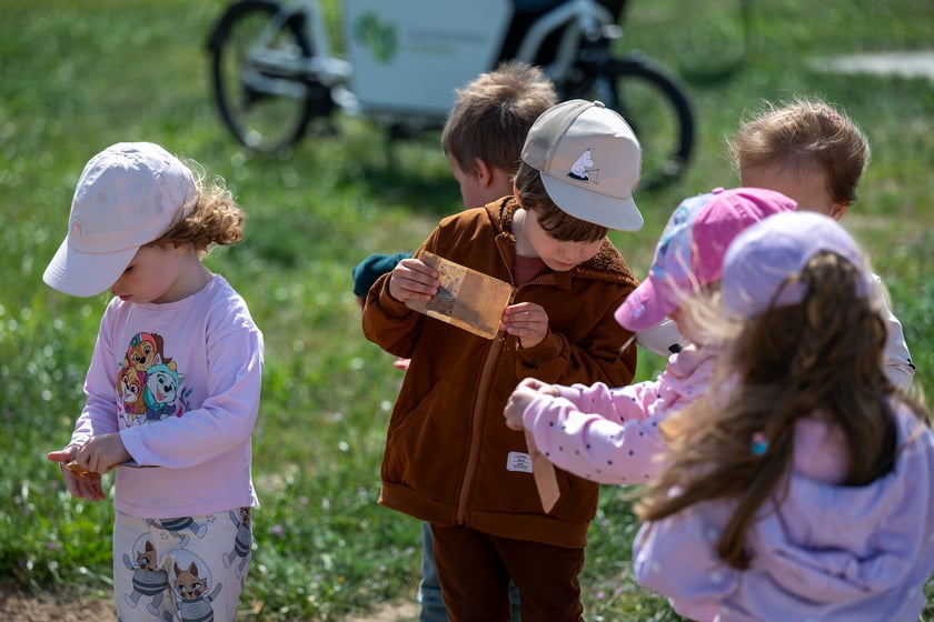 Dzieciaki z pobliskiego przedszkola sieją łąkę kwietną na skwerze Hansa Scharouna
