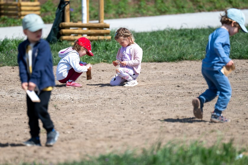 Dzieciaki z pobliskiego przedszkola sieją łąkę kwietną na skwerze Hansa Scharouna