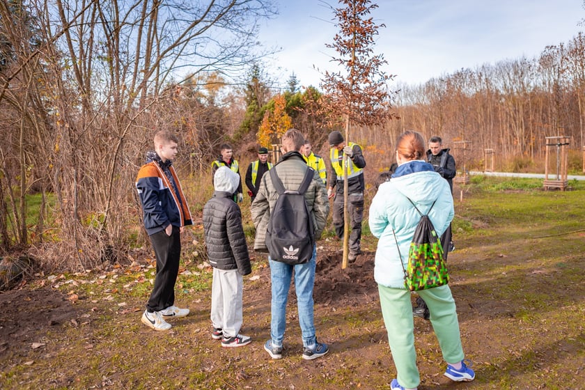 Dzieci z pieczy zastępczej sadzą drzewa w powstających Ogrodach Szczytnickich