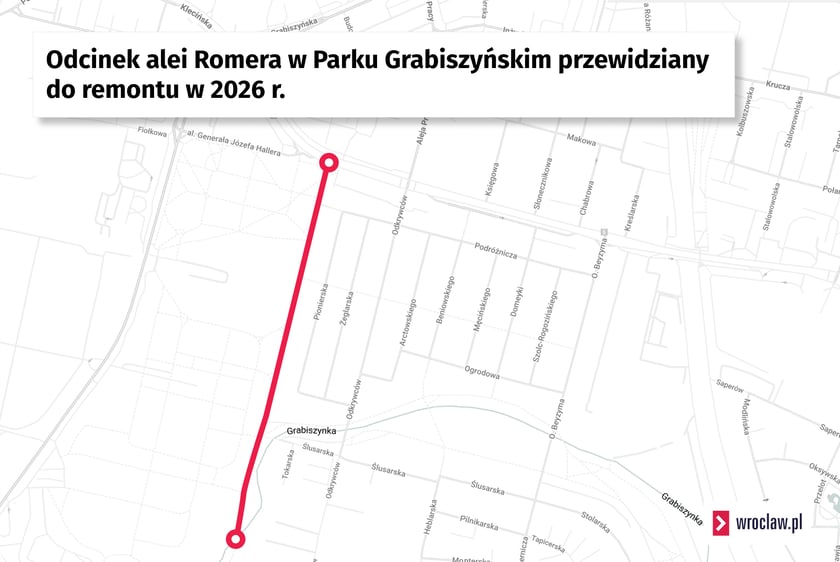 Mapa przedstawiająca fragment alei Romera w Parku Grabiszyńskim, która zostanie wyremontowana w 2026 r.