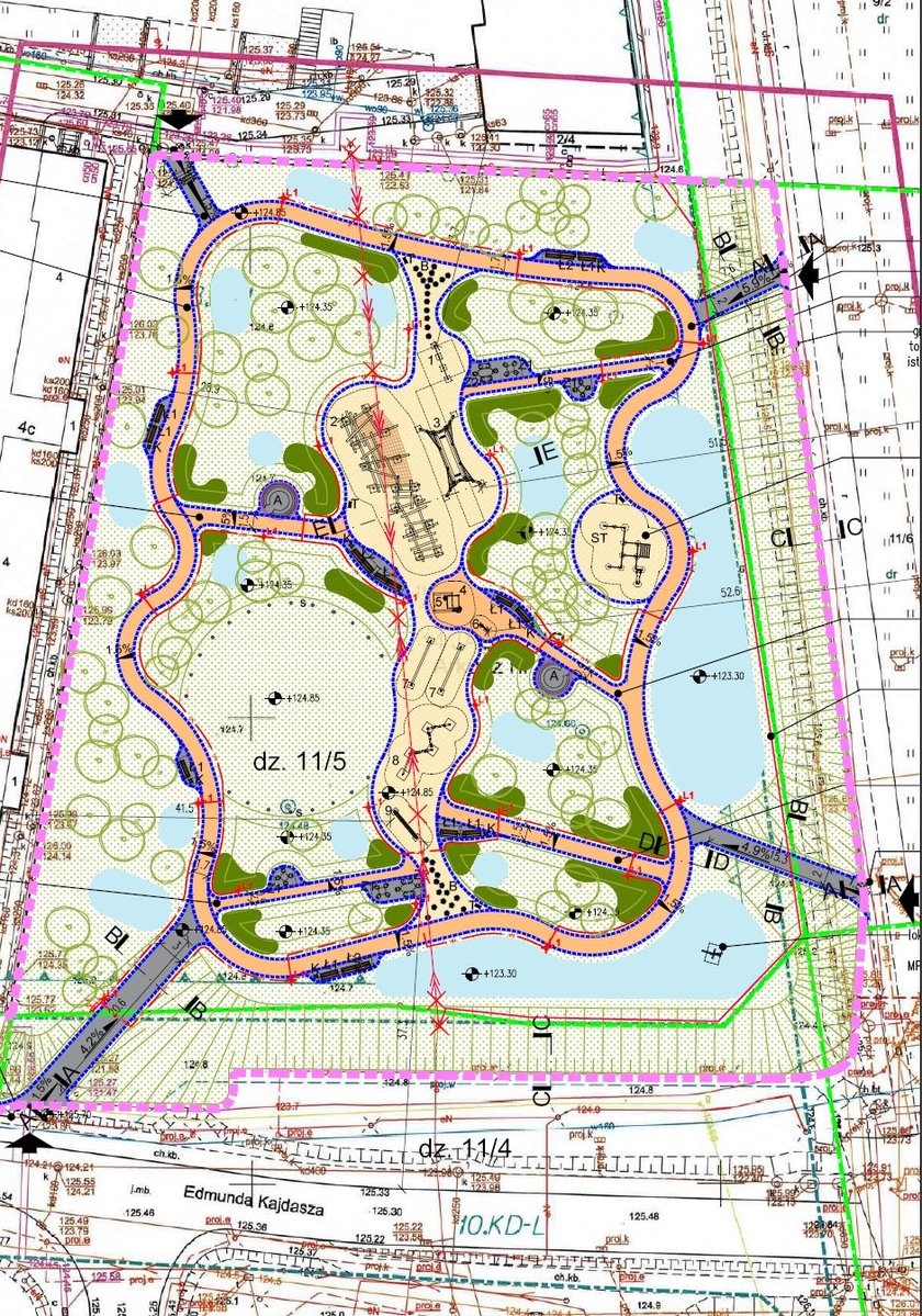 Mapa przedstawiająca plan zagospodarowania skweru przy skrzyżowaniu ulic Kajdasza i Buforowej.
