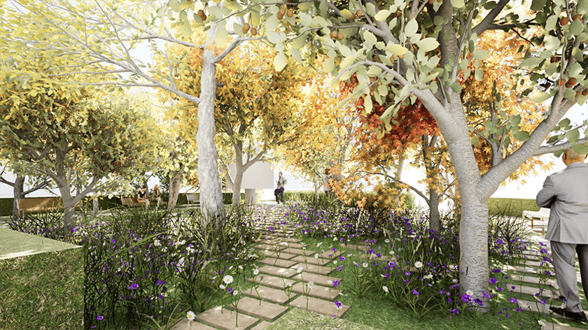 Wizualizacja przedstawiająca planowany skwer przy ul. Podchorążych - kamienna ścieżka wśród drzew i kwiatów.