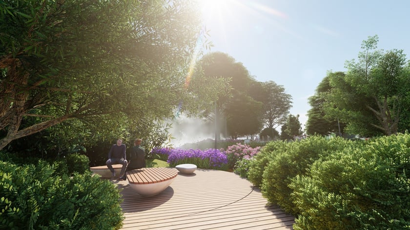 Wizualizacja aranżacji strefy wypoczynkowo-rekreacyjnej w parku przy Stawie Kozanowskim.