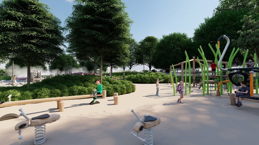 Wizualizacja placu zabaw w Nadodrzańskiej Osadzie Przygody.
