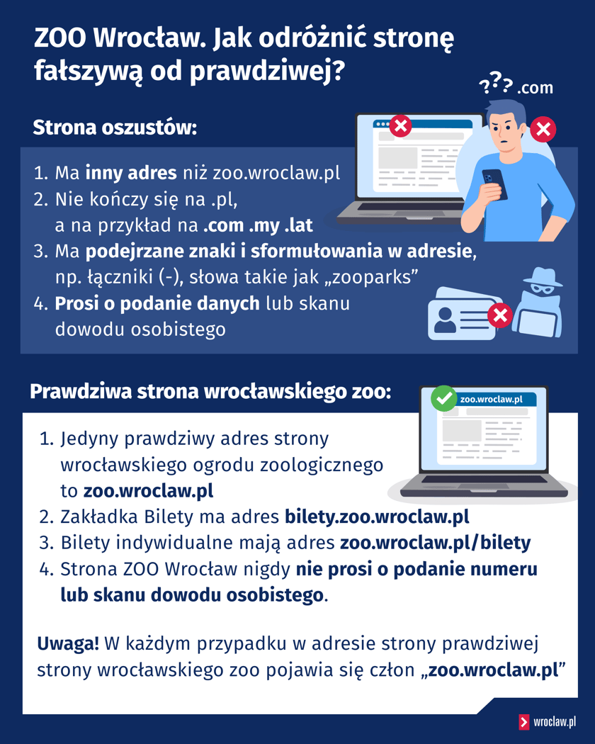 Plansza z ostrzeżeniami dotyczącymi oszustów podszywających się pod stronę wrocławskiego zoo