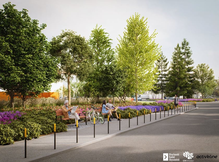 Wizualizacja przedstawiająca zrewitalizowany skwer wzdłuż ul. Ziębickiej.