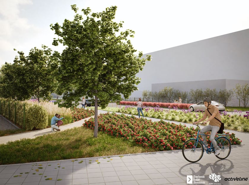 Wizualizacja przedstawiająca zrewitalizowany skwer wzdłuż ul. Ziębickiej.