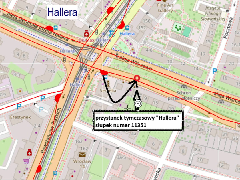 Mapa z zaznaczoną lokalizacją przystanku tymczasowego "Hallera"