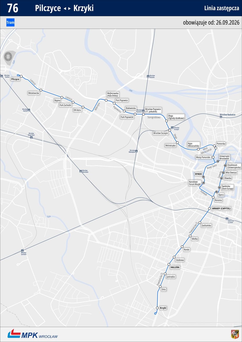 Tymczasowa linia tramwajowa 76 - mapa