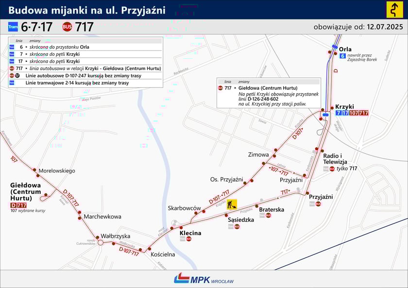 Mapa przedstawia trasy komunikacji miejskiej w czasie budowy mijanki na ulicy Przyjaźni