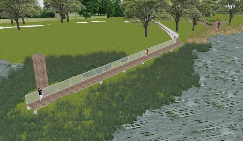 Wizualizacja przedstawiająca planowane pomosty nad stawem na terenach między ulicami Przybyły i Kardamonową.