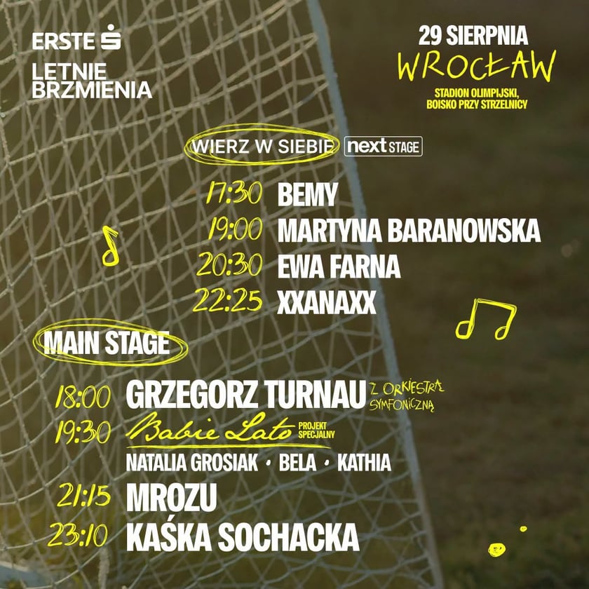 Erste Letnie Brzemienia Wrocław 2026 - harmonogram godzinowy koncertów w w sobotę 29 sierpnia 2026 r.