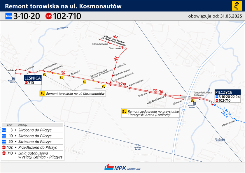 Mapa z komunikacją zastępczą na czas remontu torowiska na ul. Kosmonautów