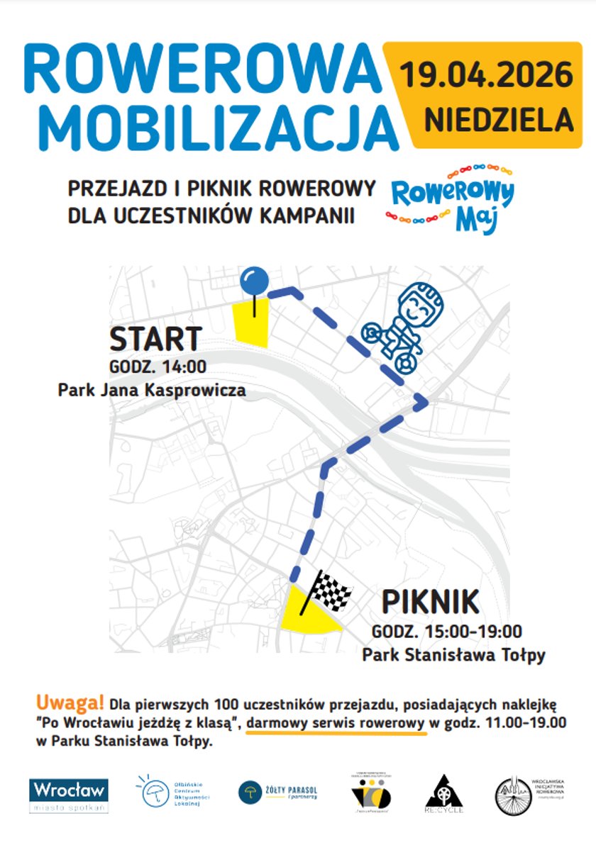 „Rowerowa Mobilizacja”. W niedzielę  (19.04) aż w trzech miejscach Wrocławia na trasy wyruszą rowerzyści ze szkół i przedszkoli- plakaty tras