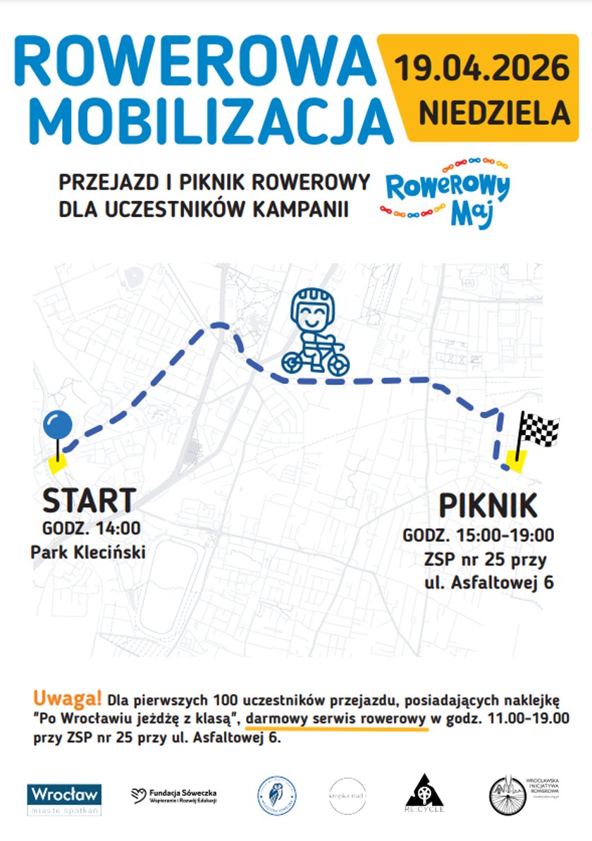 „Rowerowa Mobilizacja”. W niedzielę  (19.04) aż w trzech miejscach Wrocławia na trasy wyruszą rowerzyści ze szkół i przedszkoli- plakaty tras
