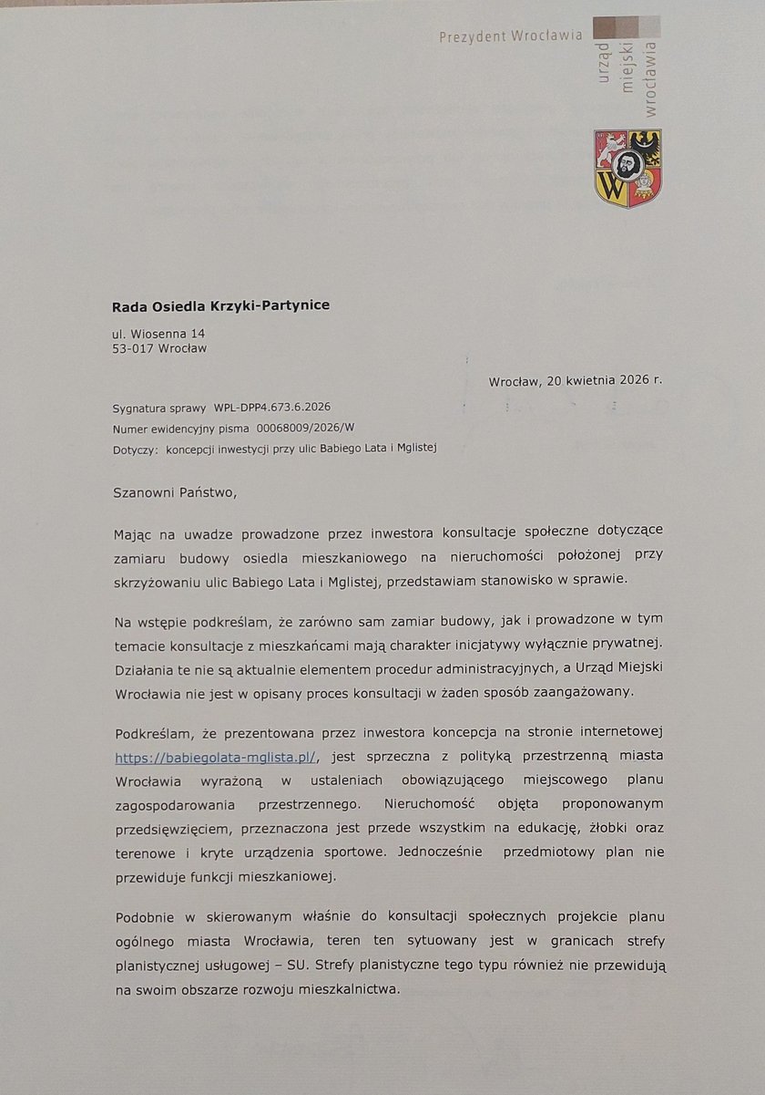 Zdjęcie pisma prezydenta Jacka Sutryka do Rady Osiedla Krzyki-Partynice.