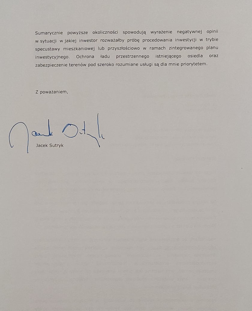 Zdjęcie pisma prezydenta Jacka Sutryka do Rady Osiedla Krzyki-Partynice.