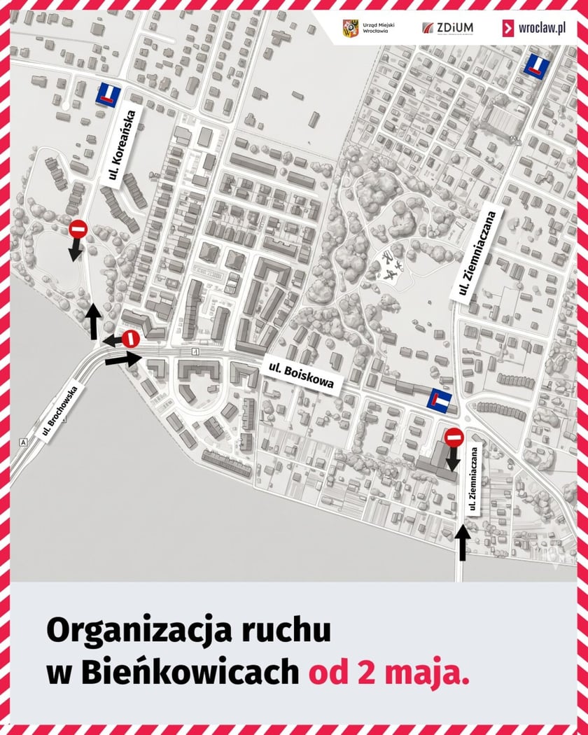 <p>Zmiany w orgaznizacji ruchu w rejonie ulic Ziemniaczanej, Boiskowej i Brochowskiej - mapa.</p>