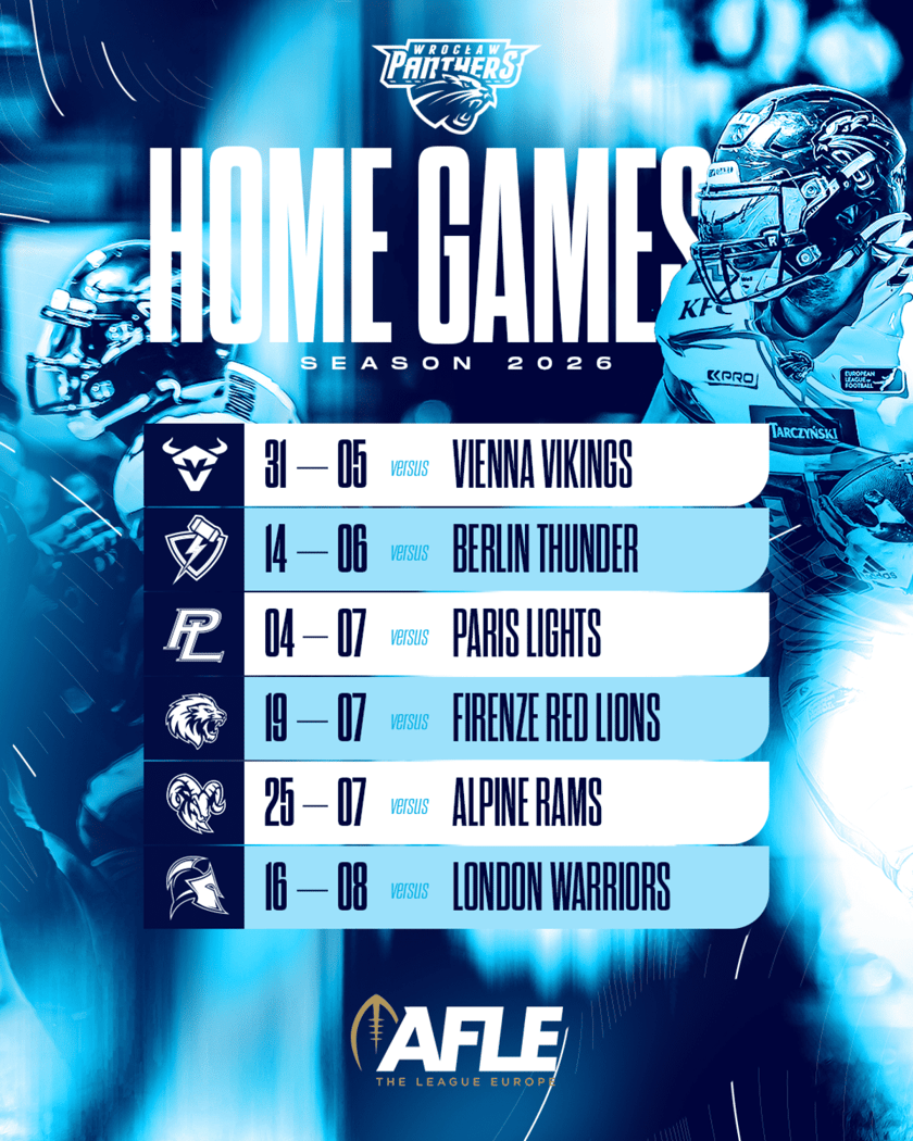 <p>Tabela z datami mecz&oacute;w domowych Panthers Wrocław w The League Europe w sezonie 2026</p>