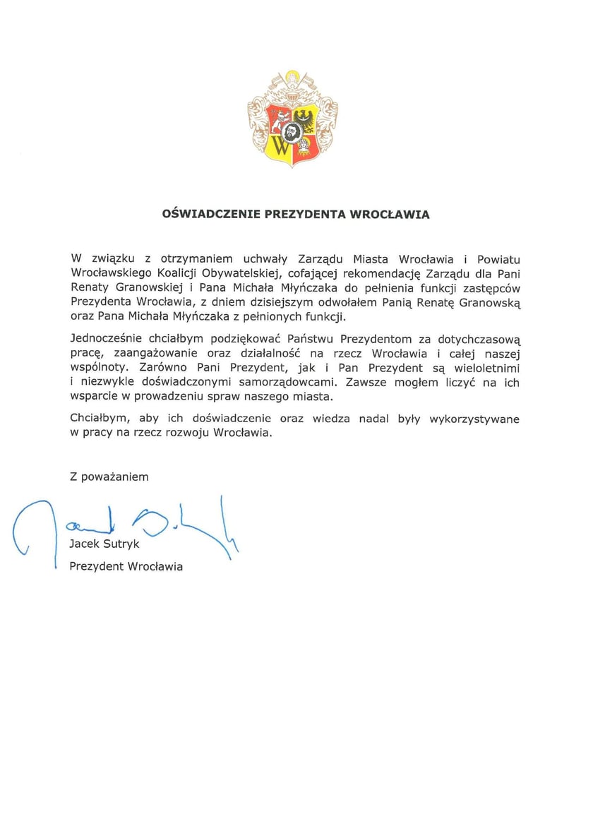 <p>Oświadczenie Prezydenta Wrocławia Jacka Sutryka z dnia 18.05.2026, skan pisma.</p>