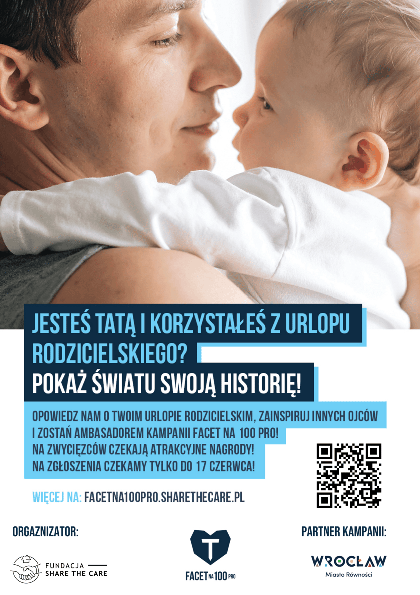 Plakat konkursowy "Facet na 100 Pro. Prawdziwe historie o urlopie rodzicielskim".