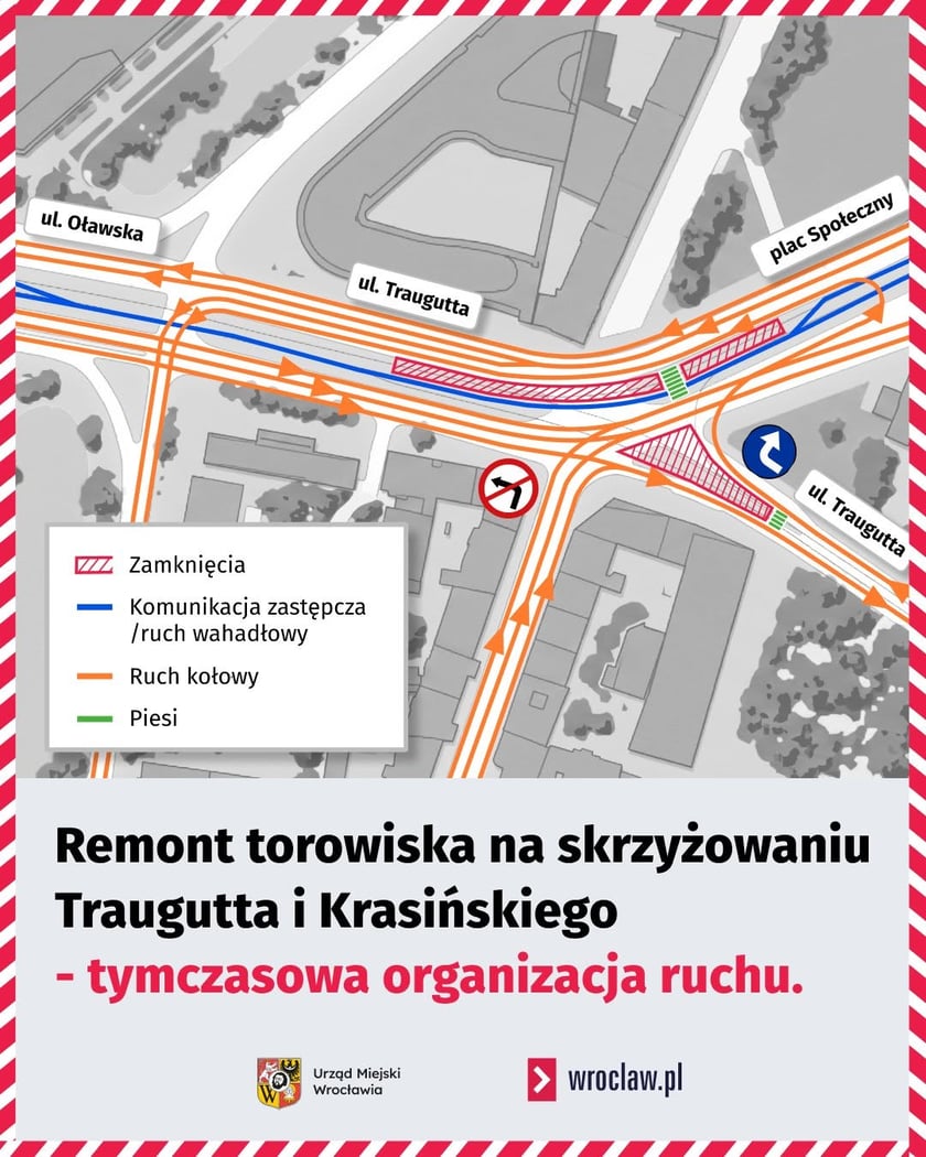 <p>remont torowiska na skrzyżowaniu Traugutta i Krasińskiego - mapa</p>