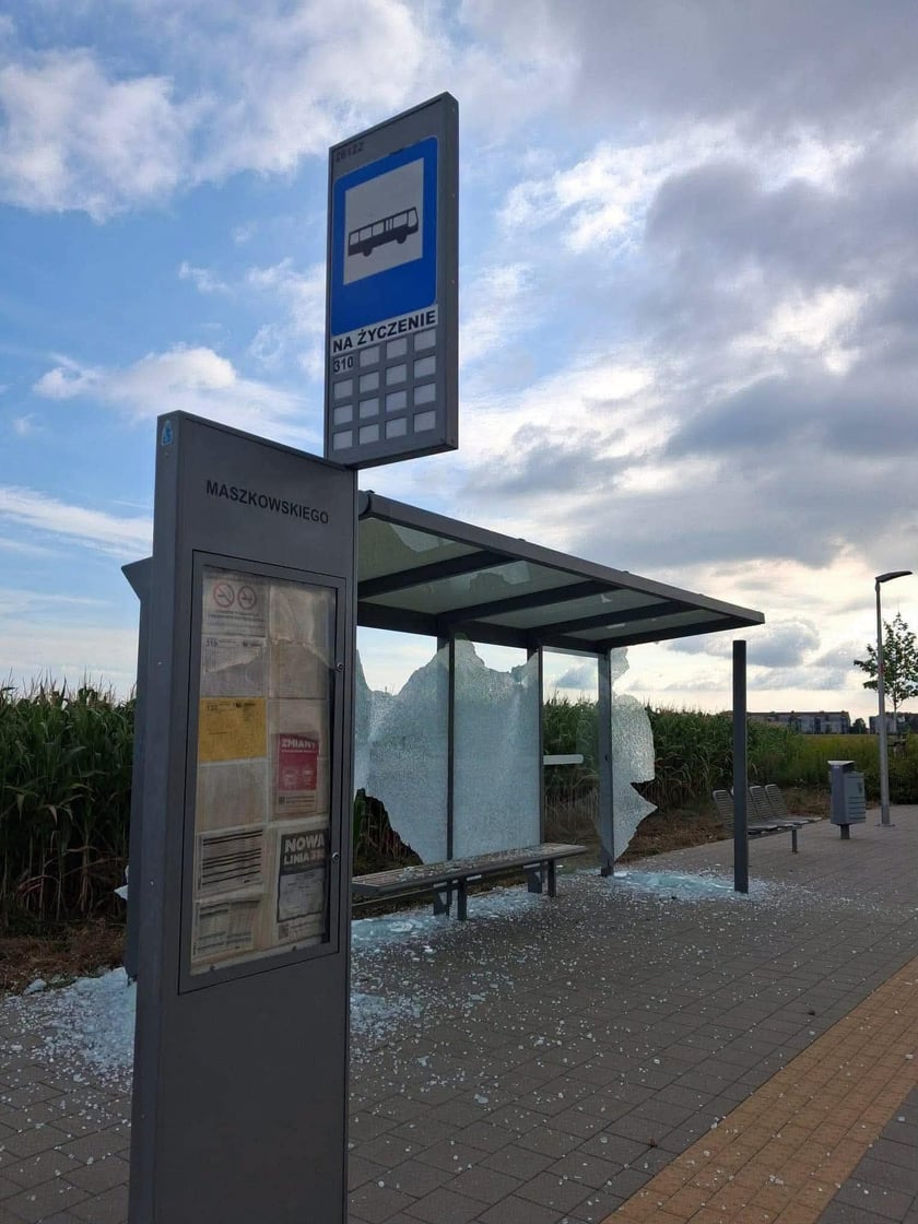 <p>Zniszczona wiata na przystanku autobusowym na Jagodnie.</p>