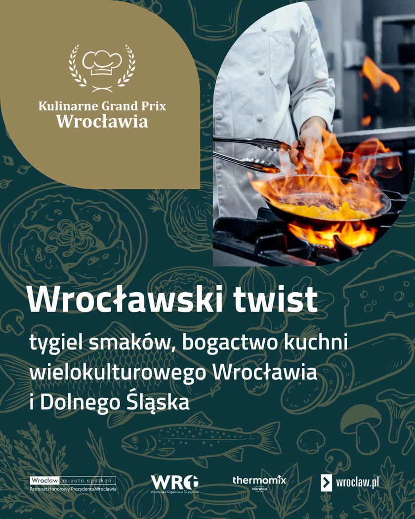 <p>Plakat wydarzenia. Napis: "Wrocławski twist. Tygiel smak&oacute;w, bogactwo kuchni wielokulturowego Wrocławia i Dolnego Śląska.</p>