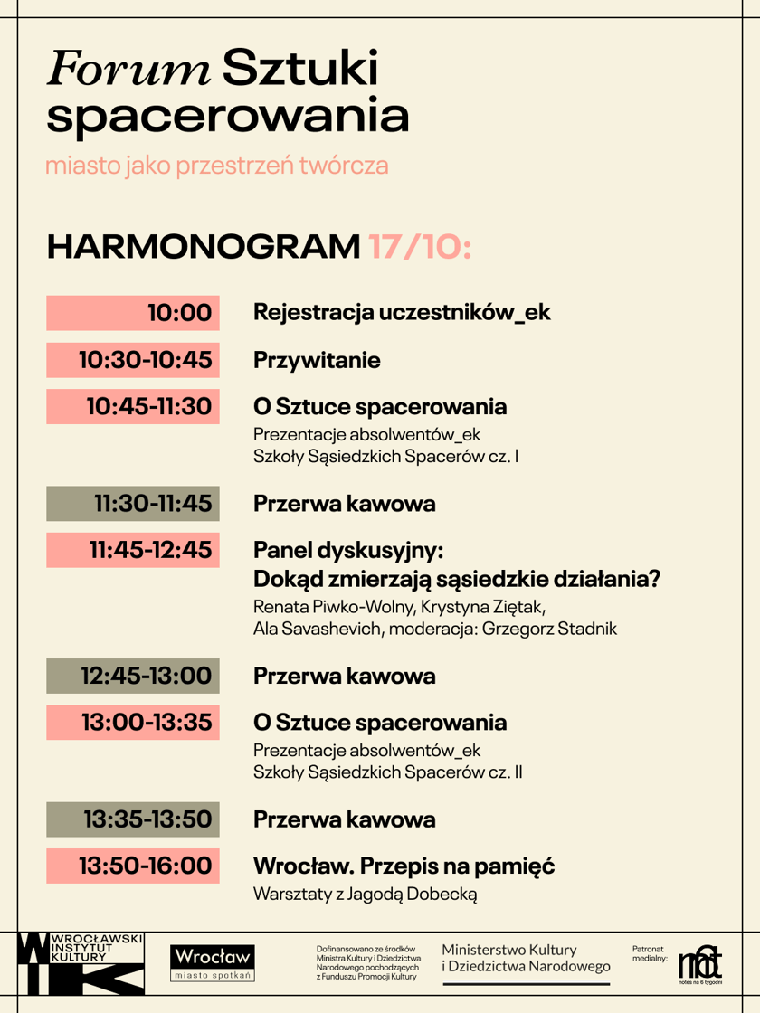 <p>Forum Sztuki spacerowania 17.10 w Barbarze - plakat z planem godzinowym wydarzenia.</p>