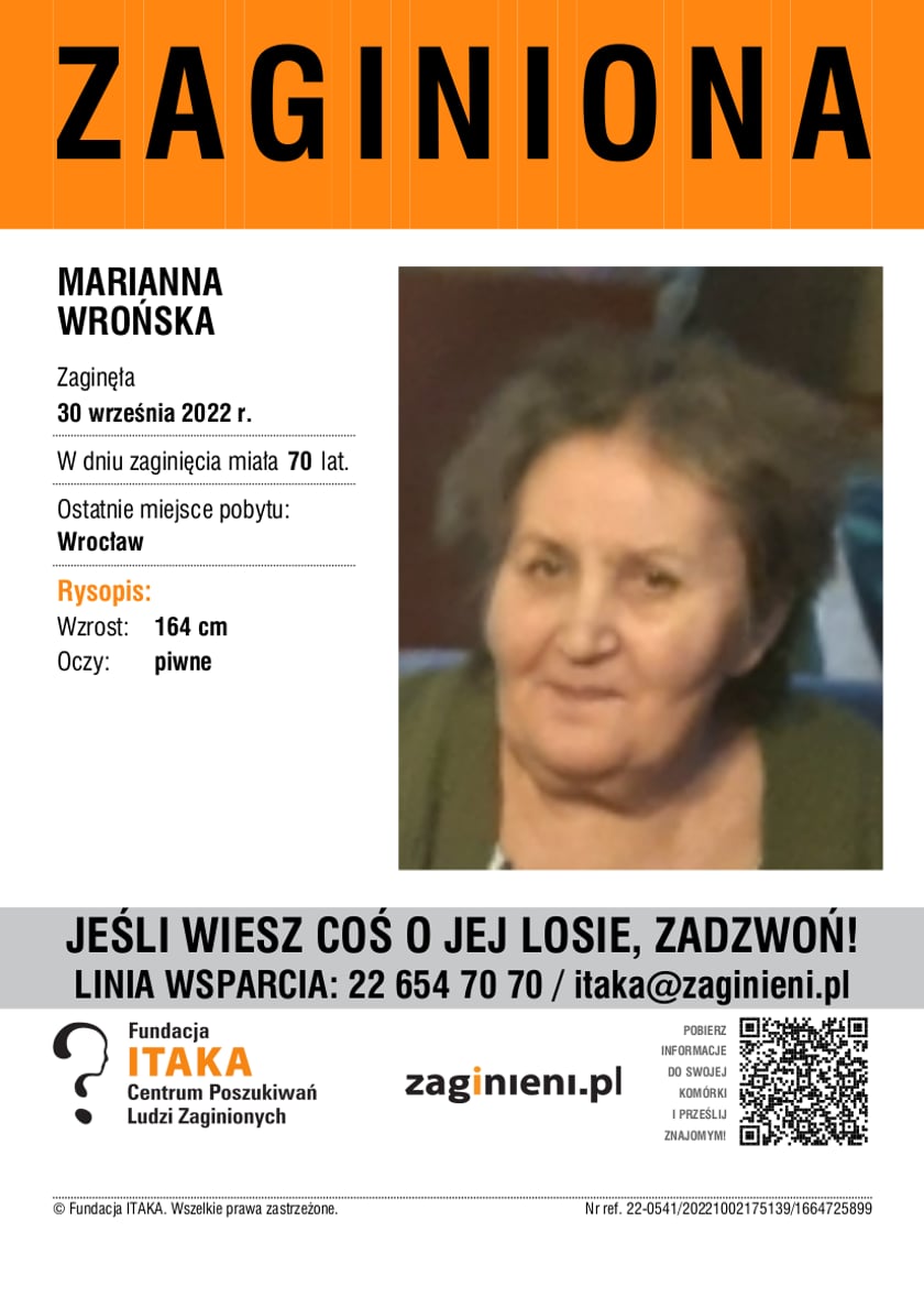 zagoniona Marianna Wrońska, rysopis, zdjęcie zaginionej