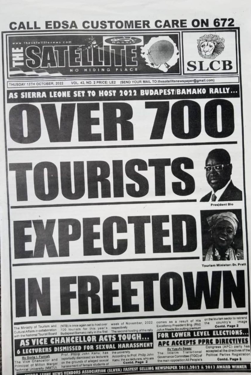 Pierwsza strona gazety The Satellite, wychodzącej w mieście Freetown, stolicy Sierra Leone informuje o nadchodzącym rajdzie Budapeszt-Bamako.