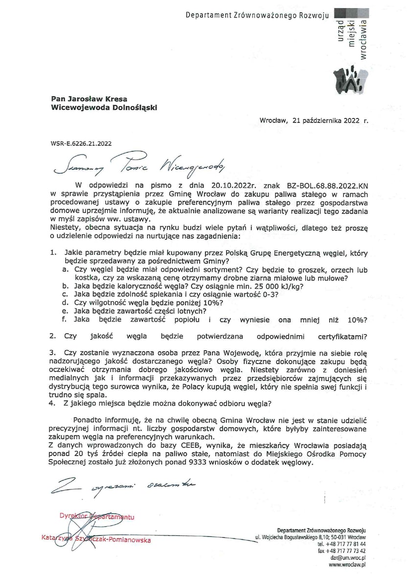 skan pisma z Departamentu Zrównoważonego Rozwoju