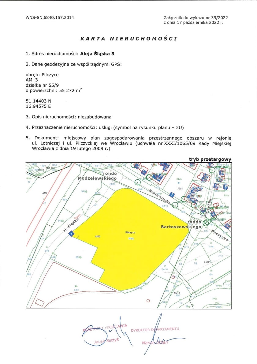 Dokument z mapką działki przy Tarczyński Arena