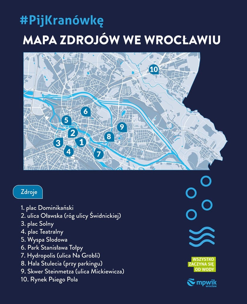 Mapa Wrocławia z zaznaczonymi 10 punktami, w których są miejskie zdroje z wodą do picia