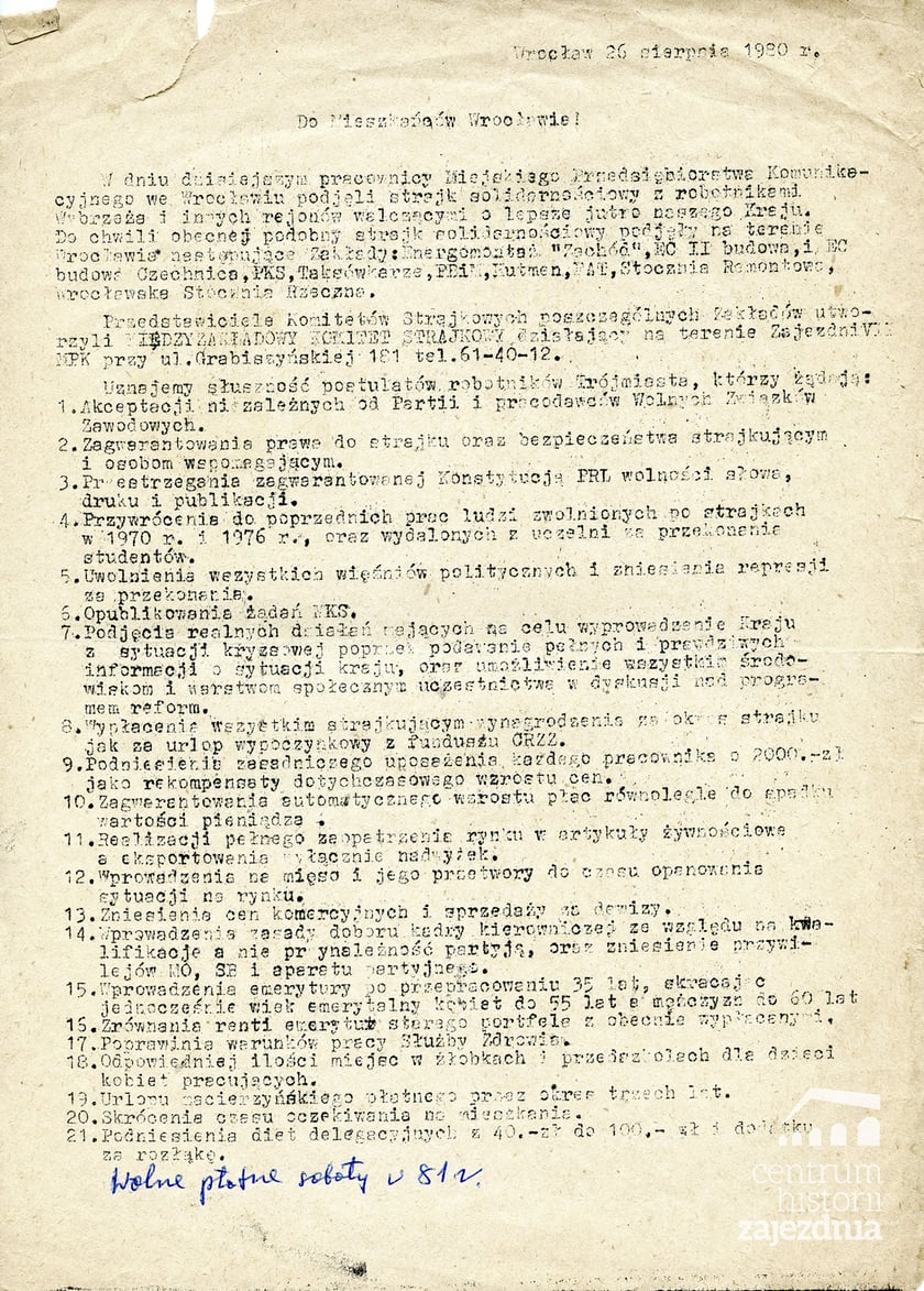 Odezwa ?Do mieszkańców Wrocławia? wydana 26 sierpnia 1980 r. Był to pierwszy druk Międzyzakładowego Komitetu Strajkowego we Wrocławiu