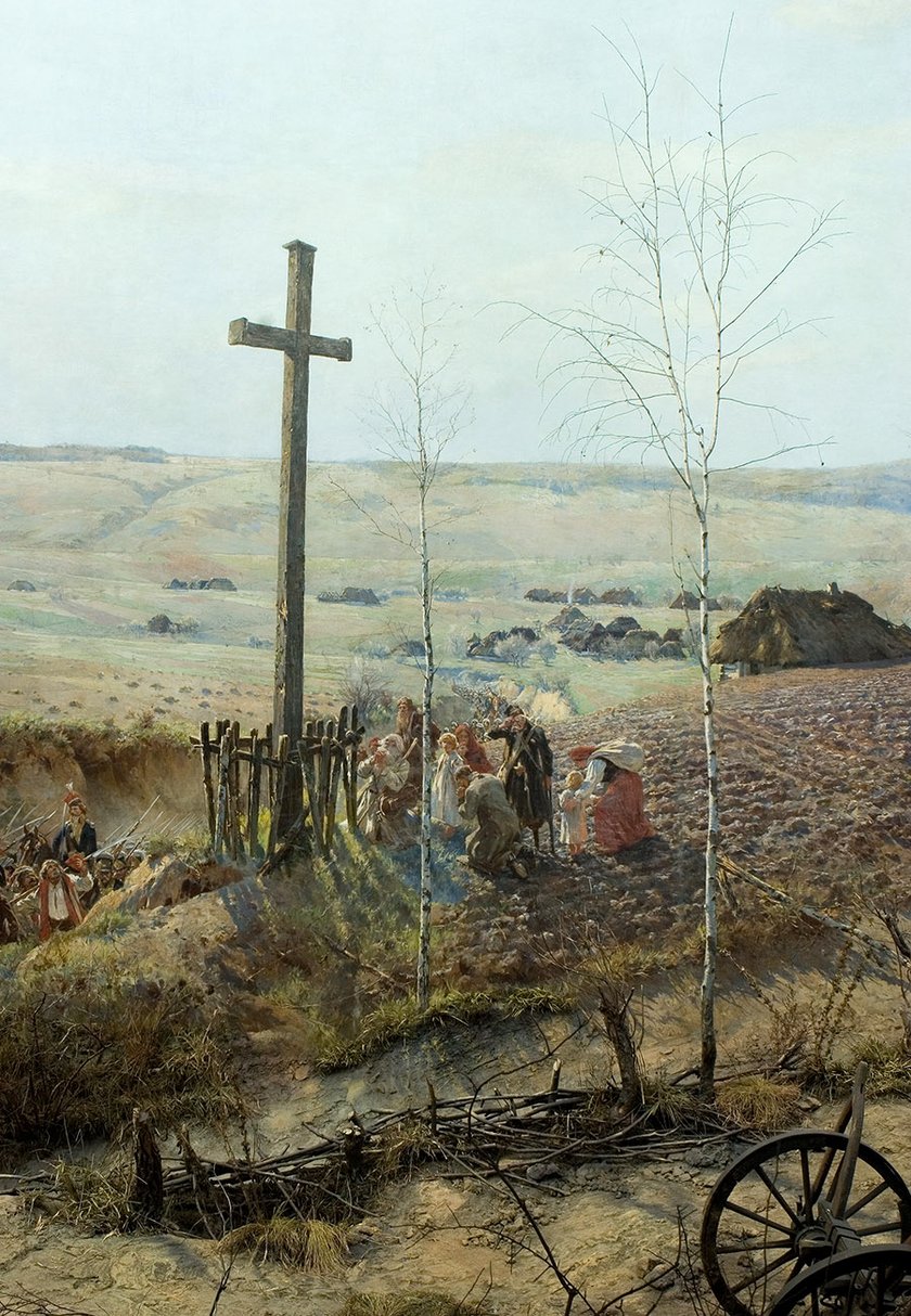 Fragment Panoramy Racławickiej przedstawiający krzyż i modlących się pod nim ludzi