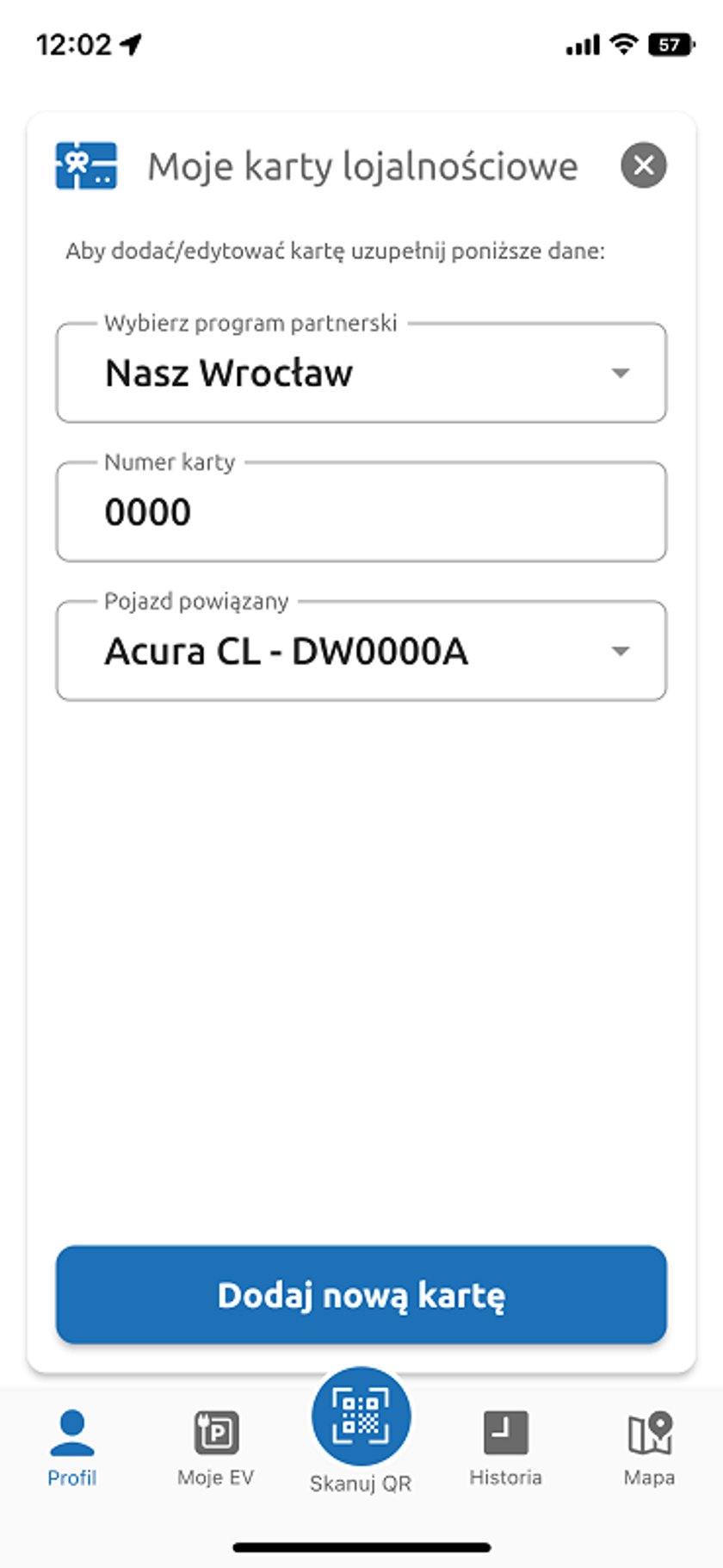 Widok karty lojalnościowej z aplikacji Share.P