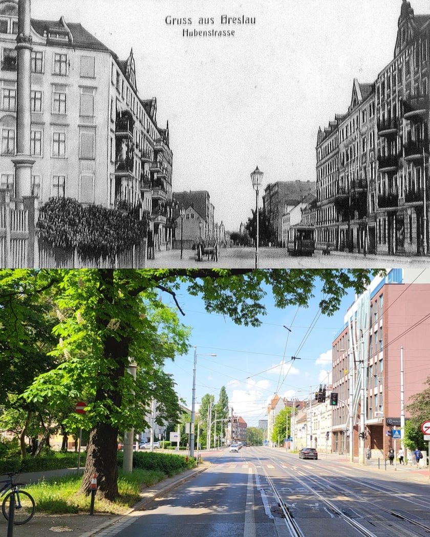 Współczesne i przedwojenne zdjęcia Wrocławia. Ulica Hubska (niem. Hubenstraße) na zestawieniu porównującym lata 1900‐1910 oraz widok współczesny.