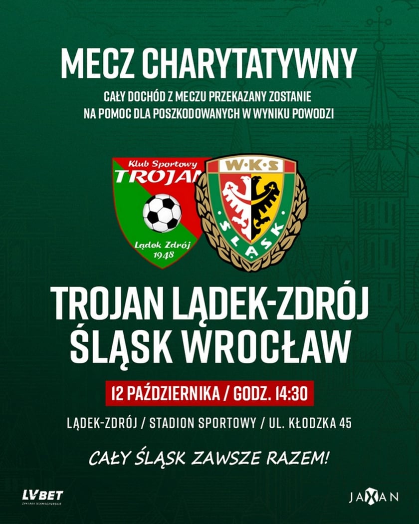 Mecz charytatywny Trojan Lądek-Zdrój - Śląsk Wrocław - plakat