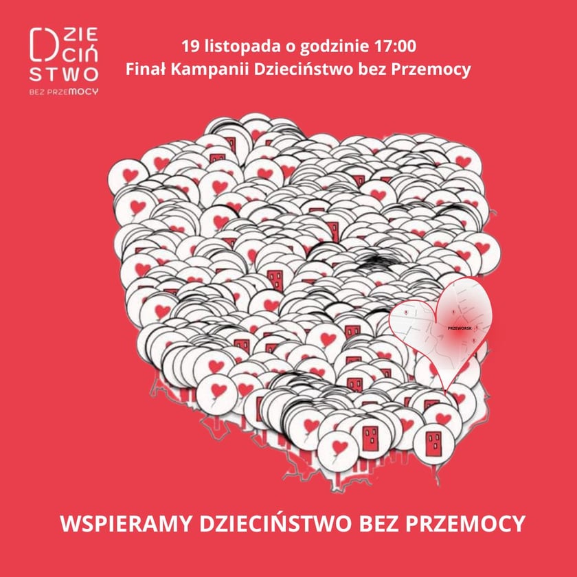 Grafika ogólnopolskiej kampanii Dzieciństwo bez Przemocy z mapą Polski z miejscami biorącymi udział w akcji