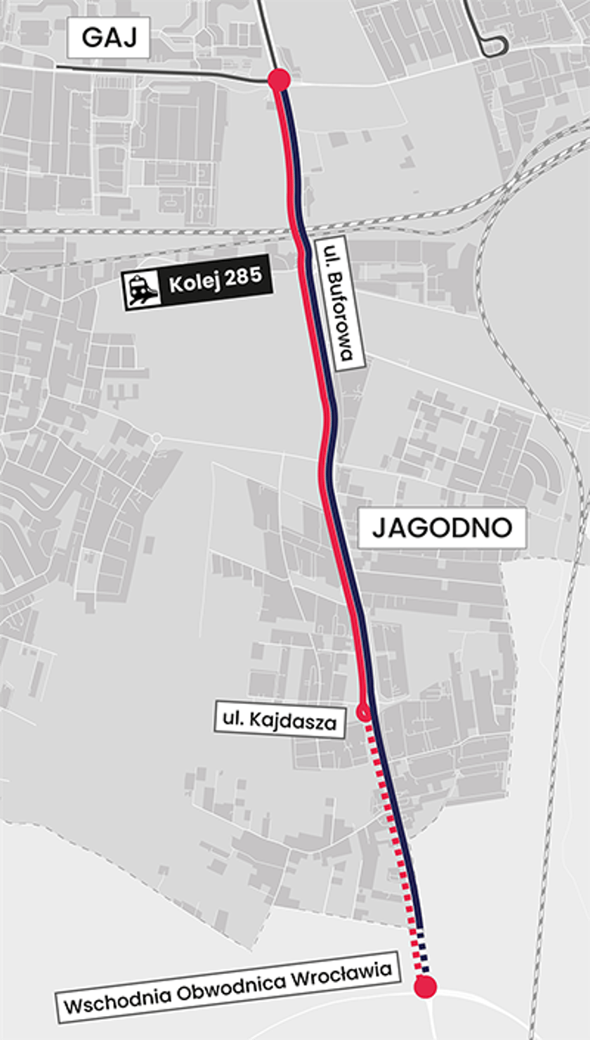 <p>Czerwona linia oznacza buspas na Jagodno (docelowo tramwaj). Przerywana czerwona linia to rezerwa terenu, kt&oacute;ra w przyszłości może zostać wykorzystana pod komunikację zbiorową. Niebieska linia to droga dla samochod&oacute;w, kt&oacute;ra będzie poszerzana o dodatkowe pasy</p>