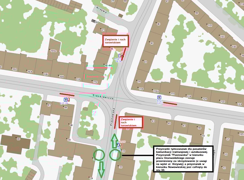 Mapa przedstawia tymczasową lokalizację przystanków