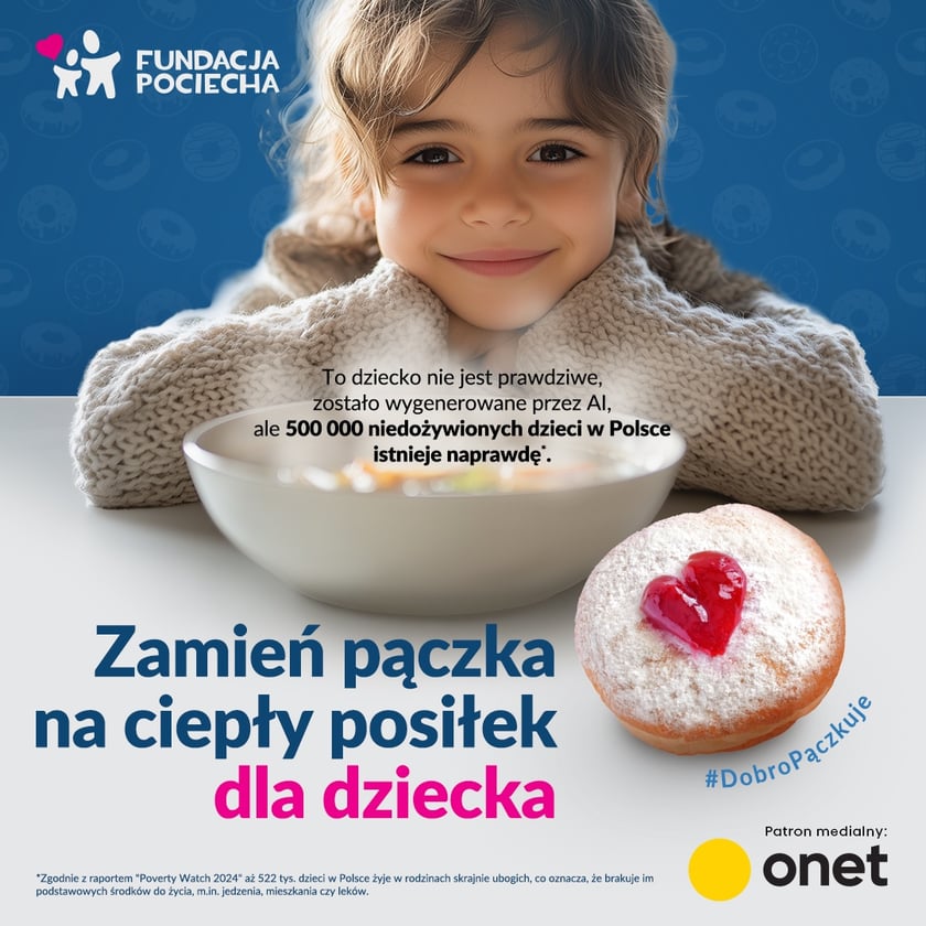 Plakat kampanii Zamień pączka na ciepły posiłek - na grafice dziewczynka nad talerzem z parującym daniem